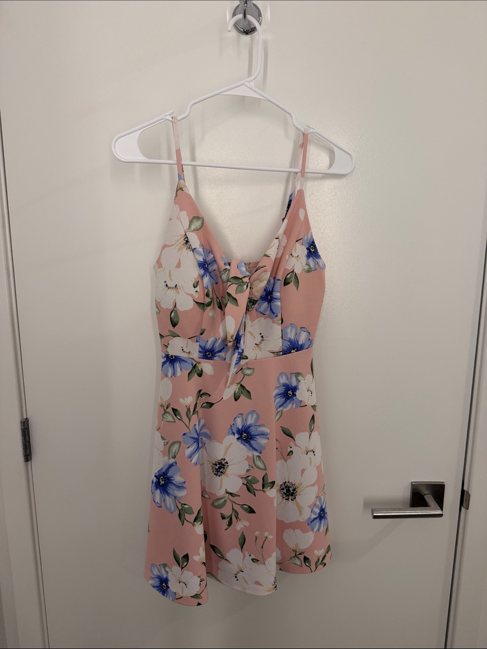 Xhilaration Pink Floral Spaghetti-Strap Dress with Blue & White Blooms
